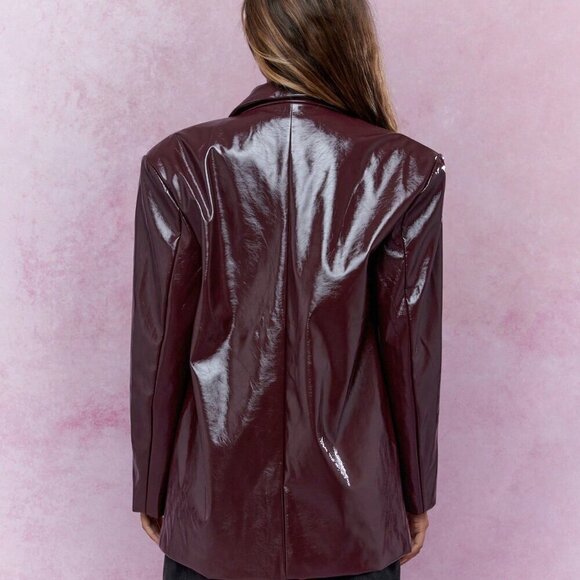 Burgundy Party Women's Shiny Faux Leather Oversized Blazer - Picture 2 of 4